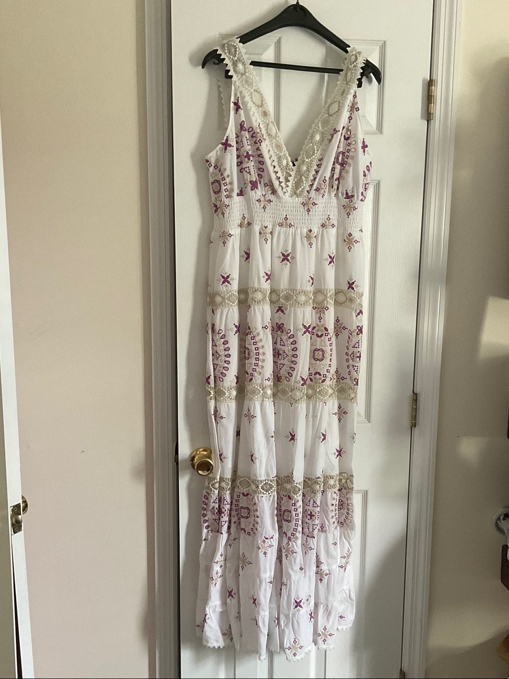 Boston Proper White Maxi Dress with Pink Embroidered Accents and Lace Trim